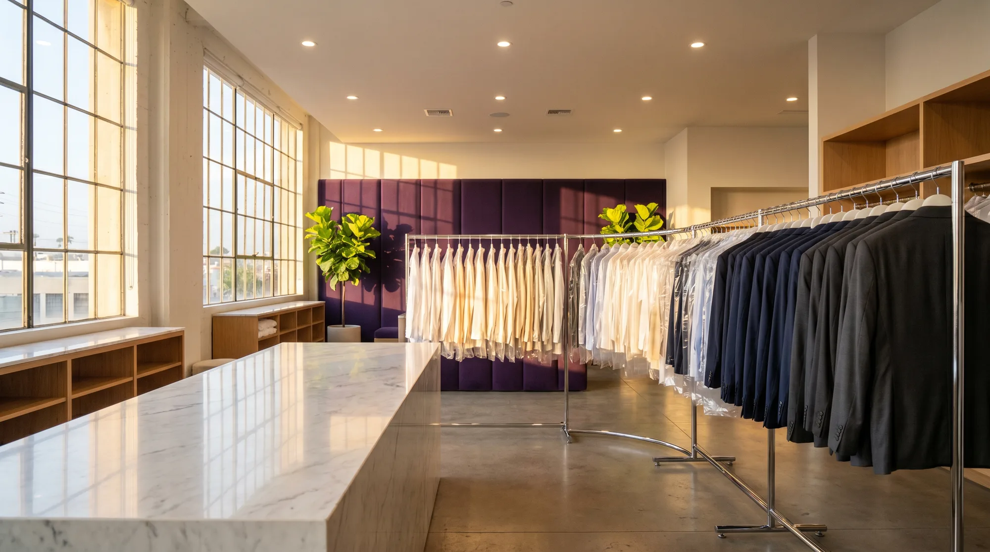 Inside Qsec Dryclean Studio — racks of freshly pressed, packed garments